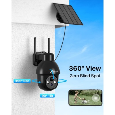 ANRAN （2K） Caméra Surveillance WiFi Extérieure sans Fil Solaire, 360° PTZ Vision Nocturne Couleur